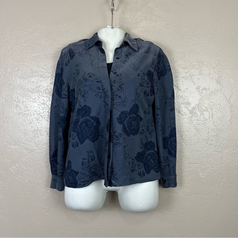 5 for $30 Alfred dunner women long sleeve floral navy blue metallic inner blouse